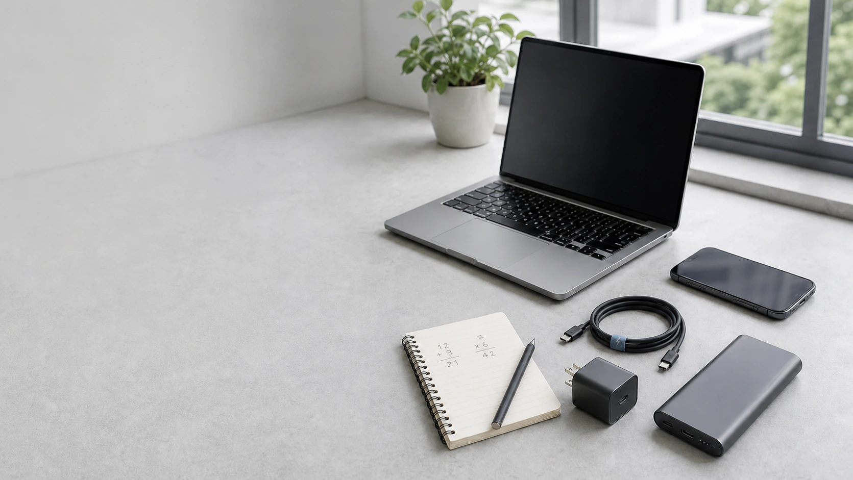 笔记本、手机、USB-C 充电器、线材和移动电源组成的数码决策桌面